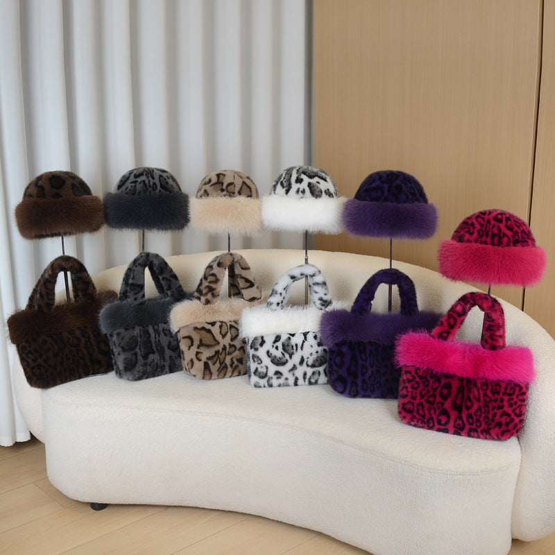 Fluffy Leopard Tote Bag and Fur Trim Hat Set - Coffee - 1