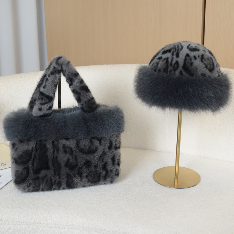 Fluffy Leopard Tote Bag and Fur Trim Hat Set - Grey