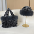 Fluffy Leopard Tote Bag and Fur Trim Hat Set - Grey