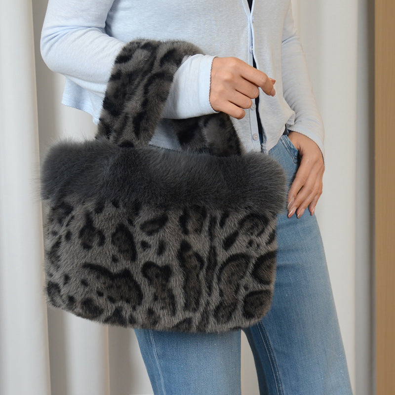 Fluffy Leopard Tote Bag and Fur Trim Hat Set - Grey - 1