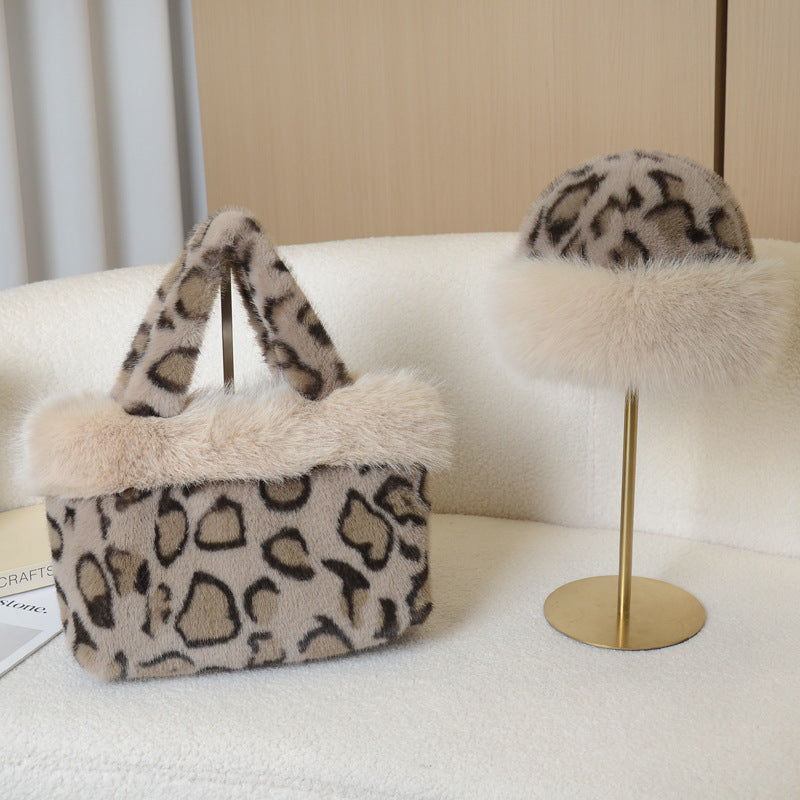 Fluffy Leopard Tote Bag and Fur Trim Hat Set - Khaki