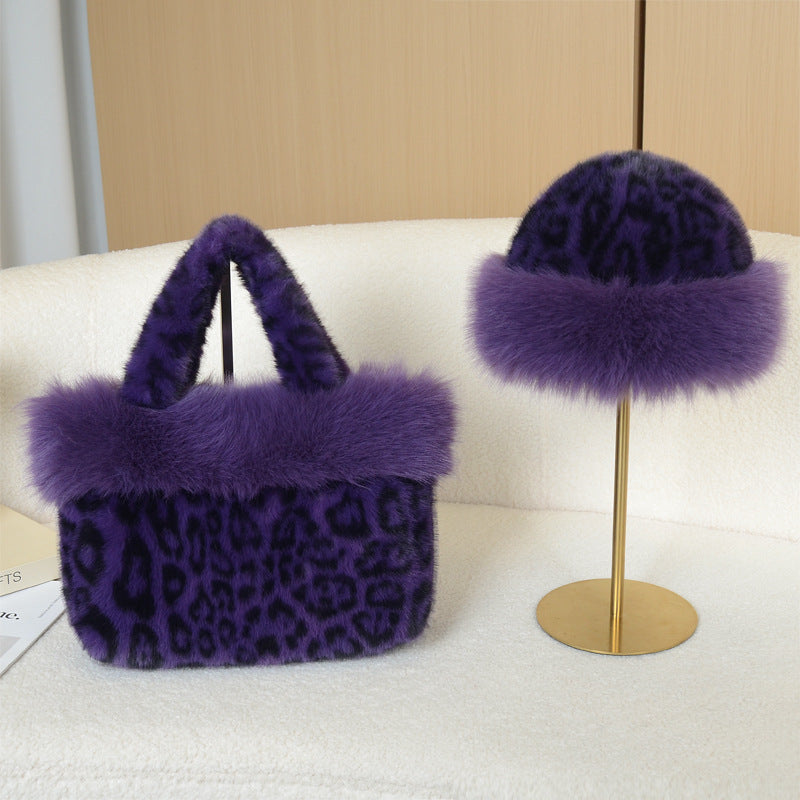 Fluffy Leopard Tote Bag and Fur Trim Hat Set - Purple