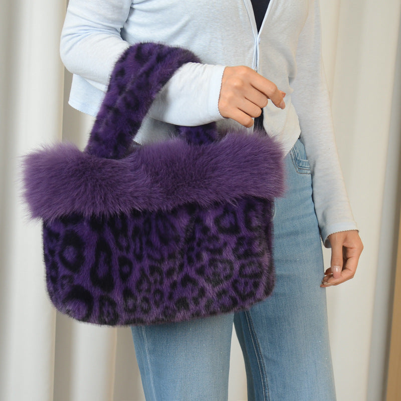 Fluffy Leopard Tote Bag and Fur Trim Hat Set - Purple - 1