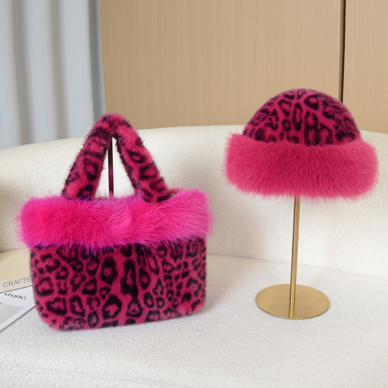 Fluffy Leopard Tote Bag and Fur Trim Hat Set - Rose_Red