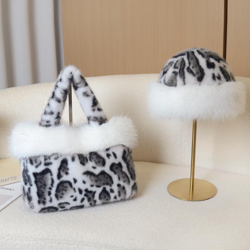 Fluffy Leopard Tote Bag and Fur Trim Hat Set - White