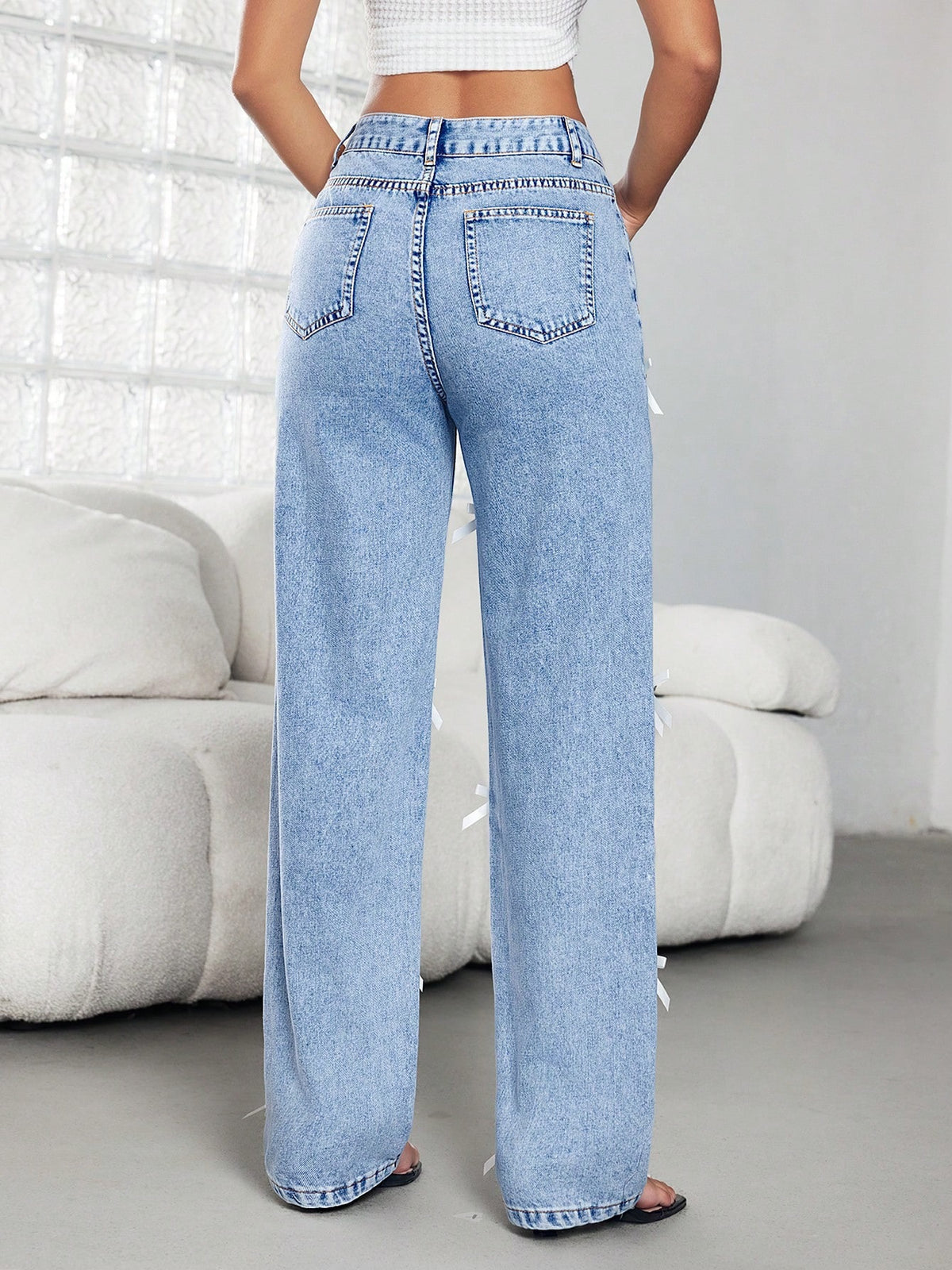 Bow Applique High Waist Wide Leg Jeans - Blue - 1