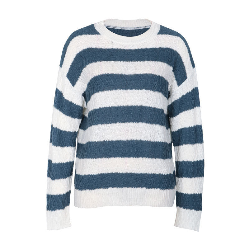 Wide Stripe Drop Shoulder Knit Sweater - Blue