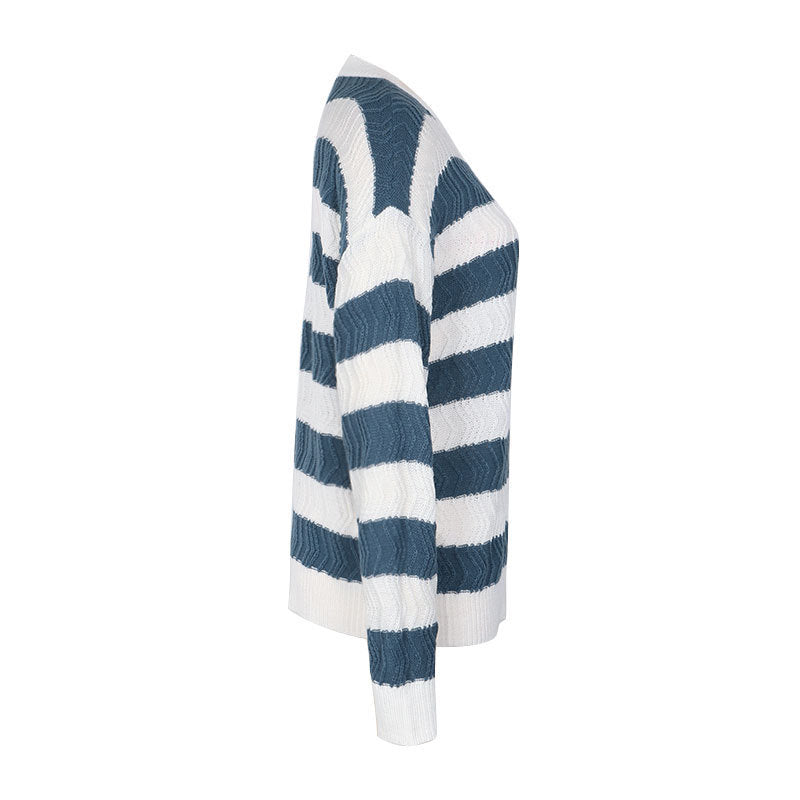 Wide Stripe Drop Shoulder Knit Sweater - Blue - 1