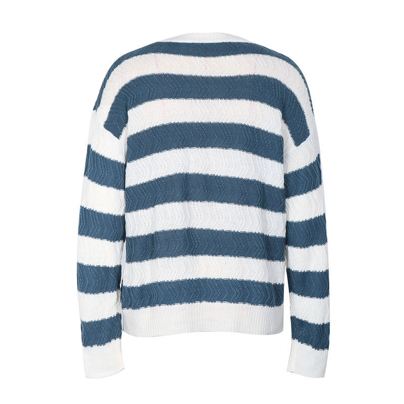 Wide Stripe Drop Shoulder Knit Sweater - Blue - 2