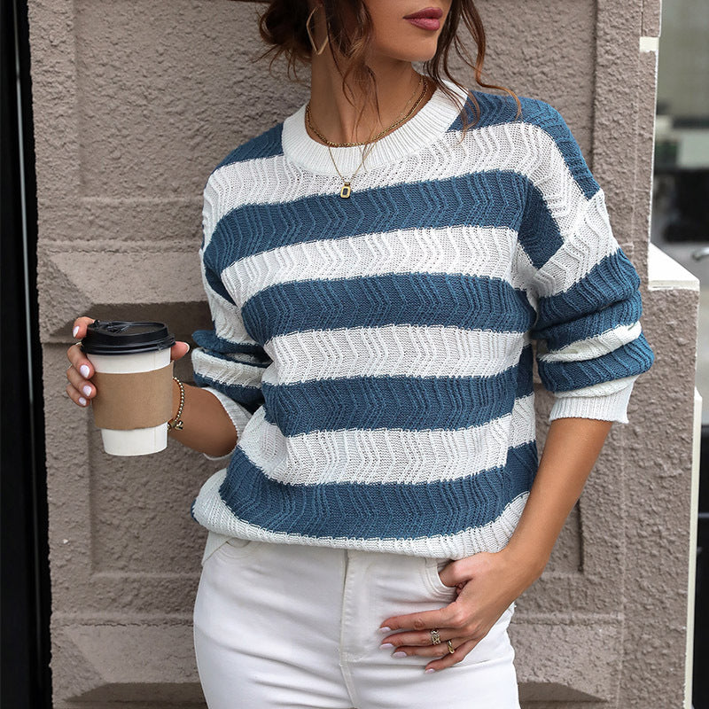 Wide Stripe Drop Shoulder Knit Sweater - Blue - 3