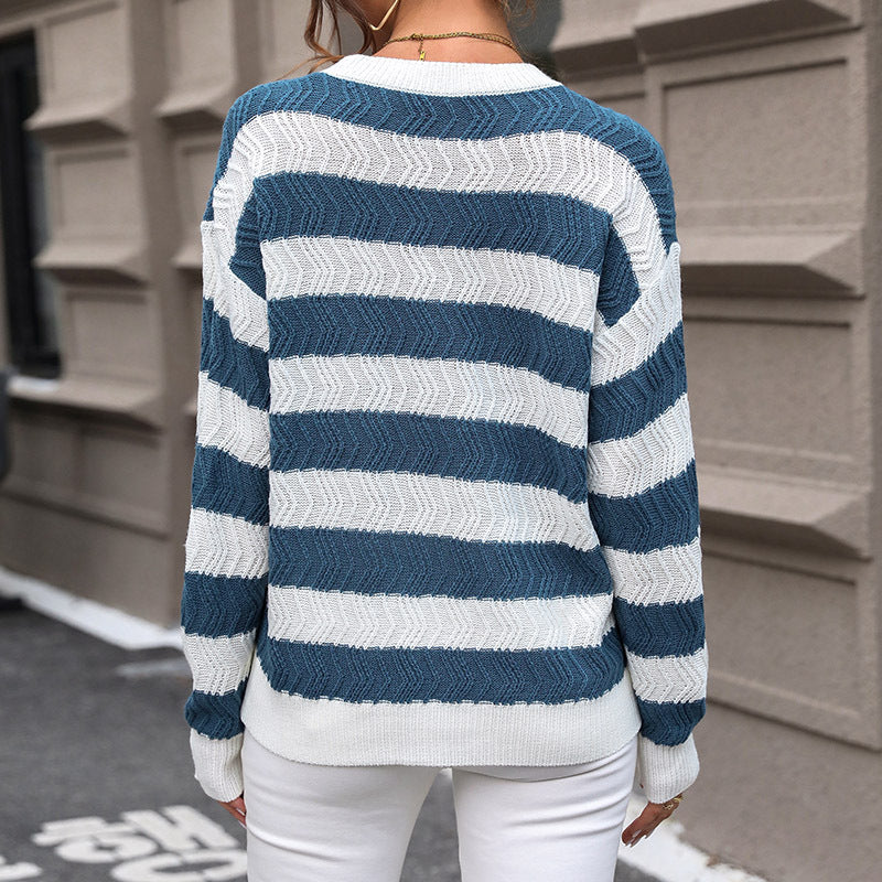 Wide Stripe Drop Shoulder Knit Sweater - Blue - 5