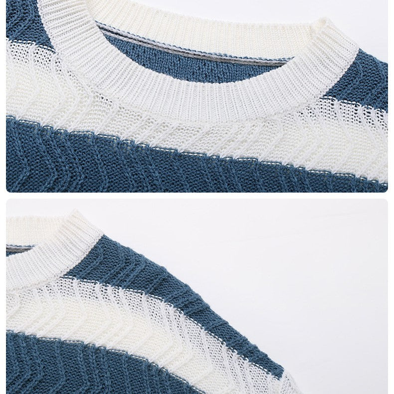 Wide Stripe Drop Shoulder Knit Sweater - Blue - 6