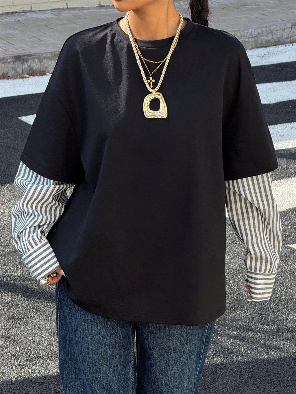 Layered Shirt Sleeve Oversized Sweatshirt - BlackStripe