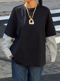 Layered Shirt Sleeve Oversized Sweatshirt - BlackStripe