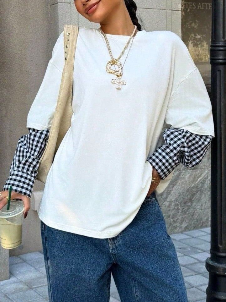 Layered Shirt Sleeve Oversized Sweatshirt - WhiteGrid