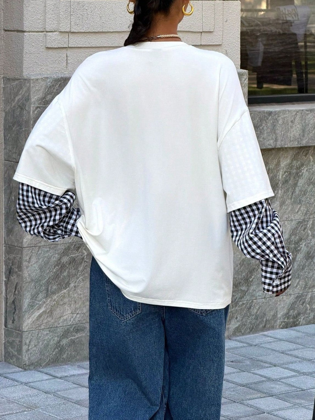 Layered Shirt Sleeve Oversized Sweatshirt - WhiteGrid - 1