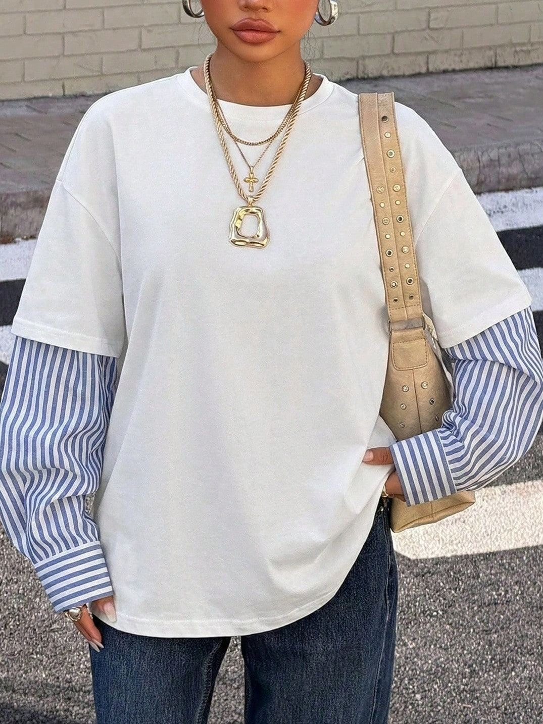 Layered Shirt Sleeve Oversized Sweatshirt - WhiteStripe
