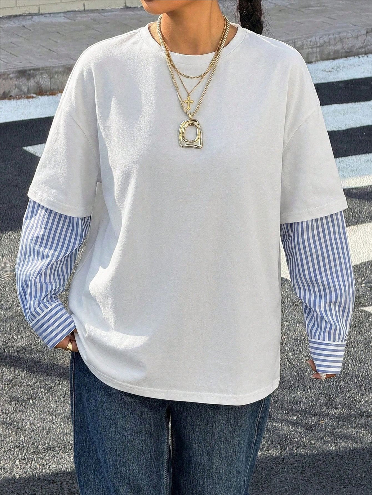 Layered Shirt Sleeve Oversized Sweatshirt - WhiteStripe - 1
