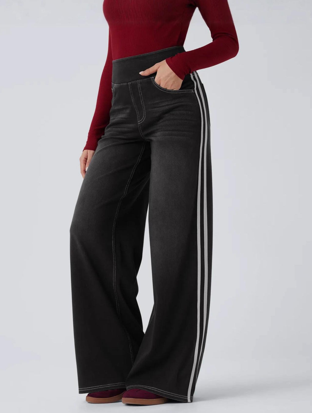 High Waist Side Stripe Wide Leg Jeans - Black