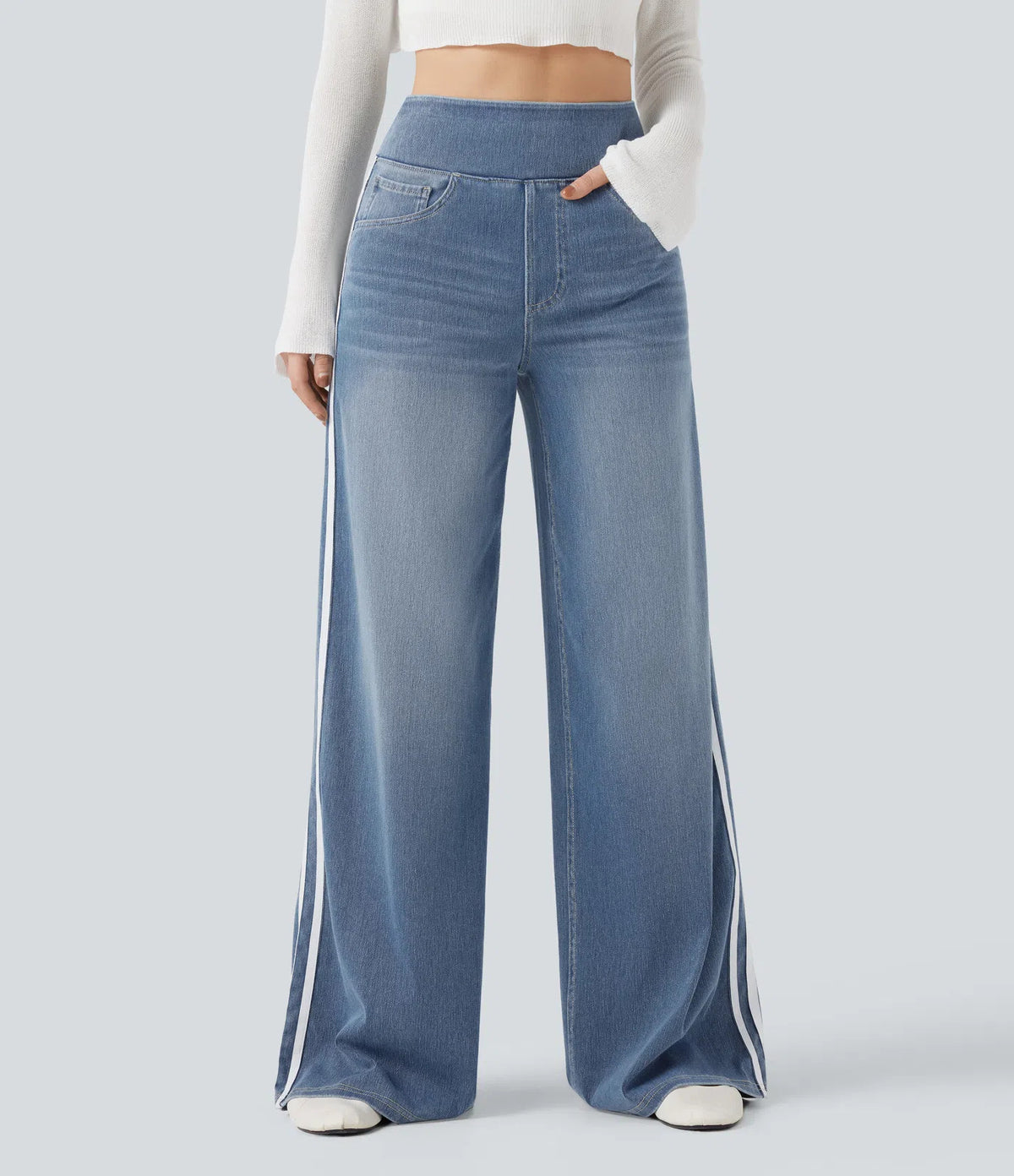 High Waist Side Stripe Wide Leg Jeans - Blue