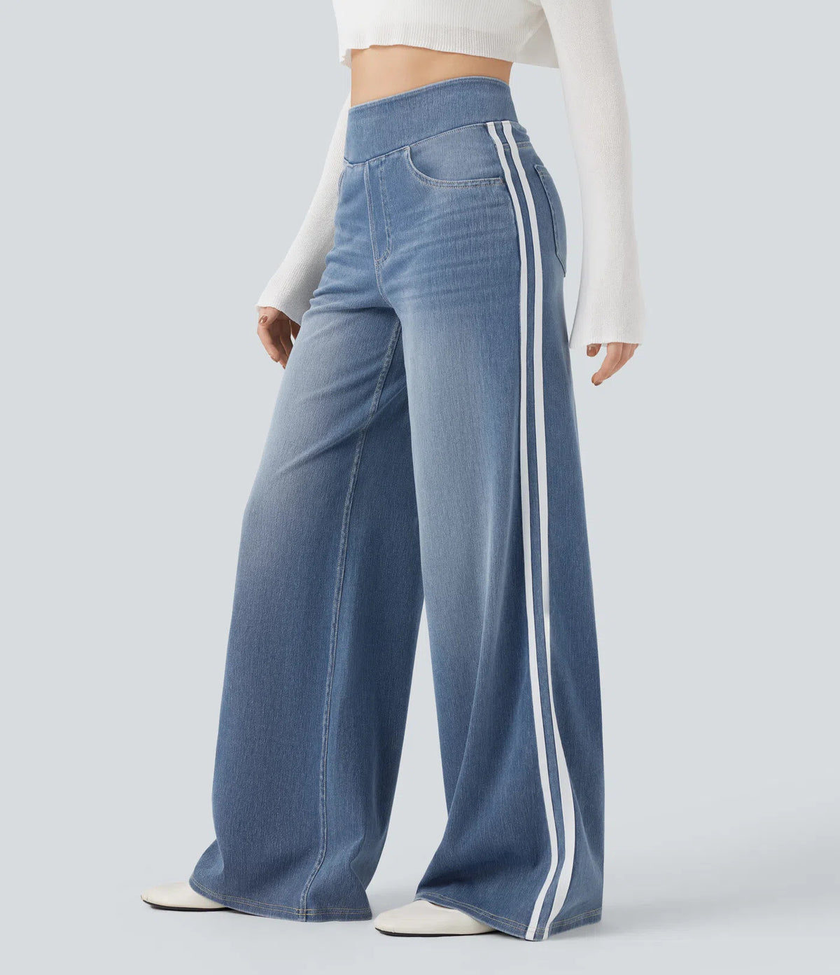 High Waist Side Stripe Wide Leg Jeans - Blue - 1