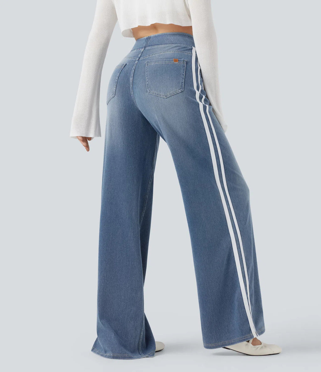 High Waist Side Stripe Wide Leg Jeans - Blue - 2