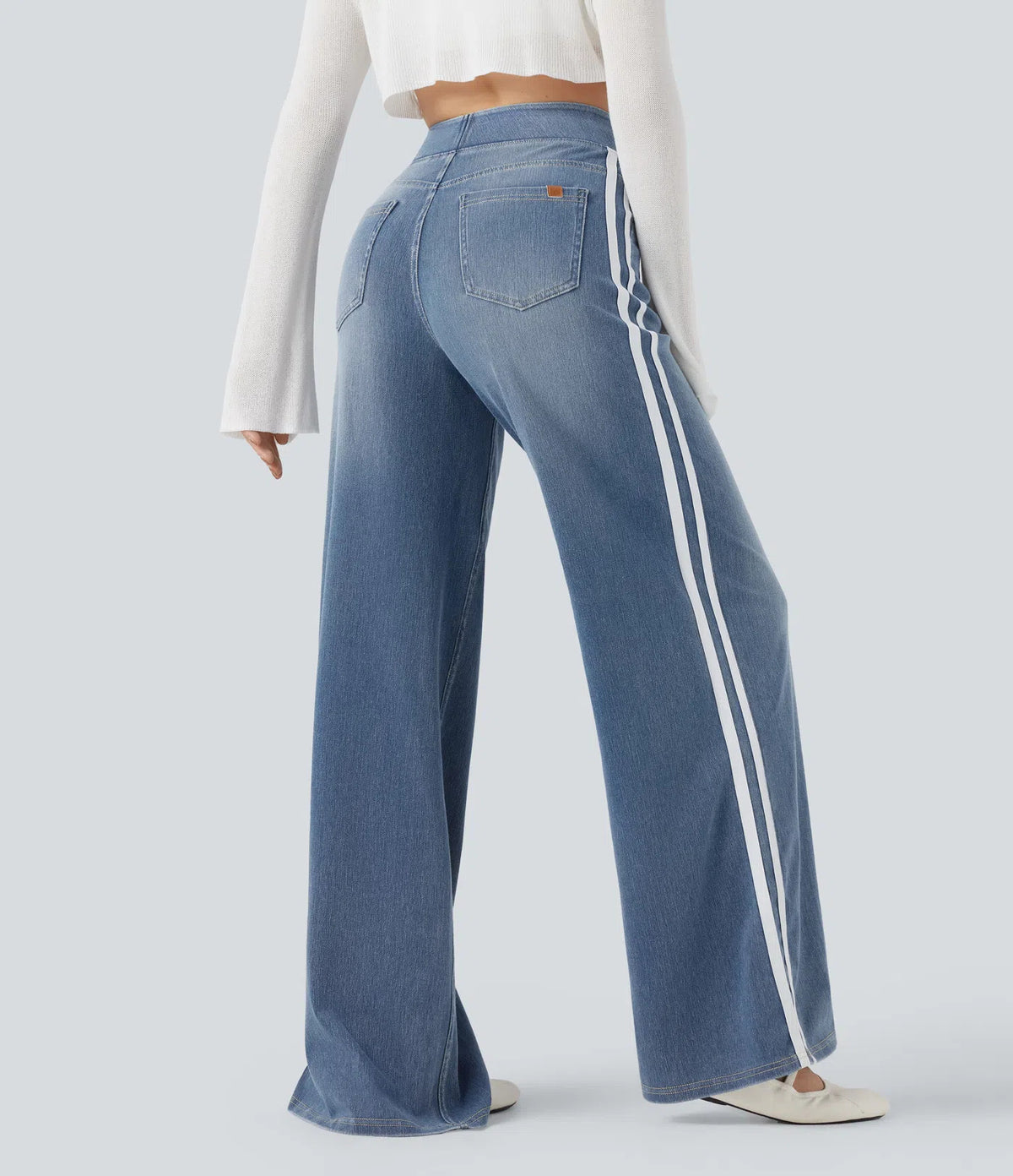 High Waist Side Stripe Wide Leg Jeans - Blue - 2