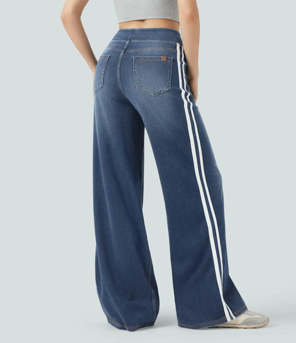 High Waist Side Stripe Wide Leg Jeans - DarkBlue - 2