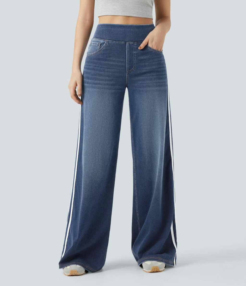 High Waist Side Stripe Wide Leg Jeans - DarkBlue - 3