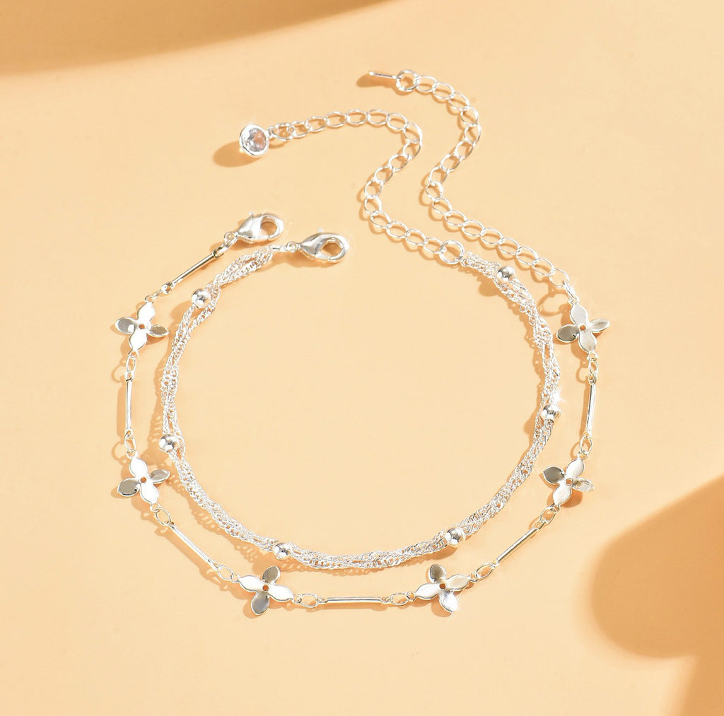Layered Chain Anklet With Flower Charms - Silvery - 1