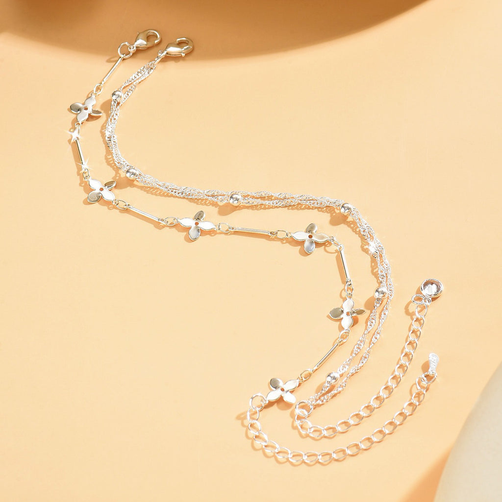 Layered Chain Anklet With Flower Charms - Silvery - 2