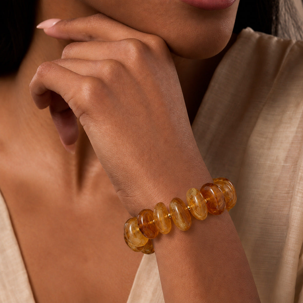 Chunky Swirl Rondelle Beaded Stretch Bracelet - Gold_Amber