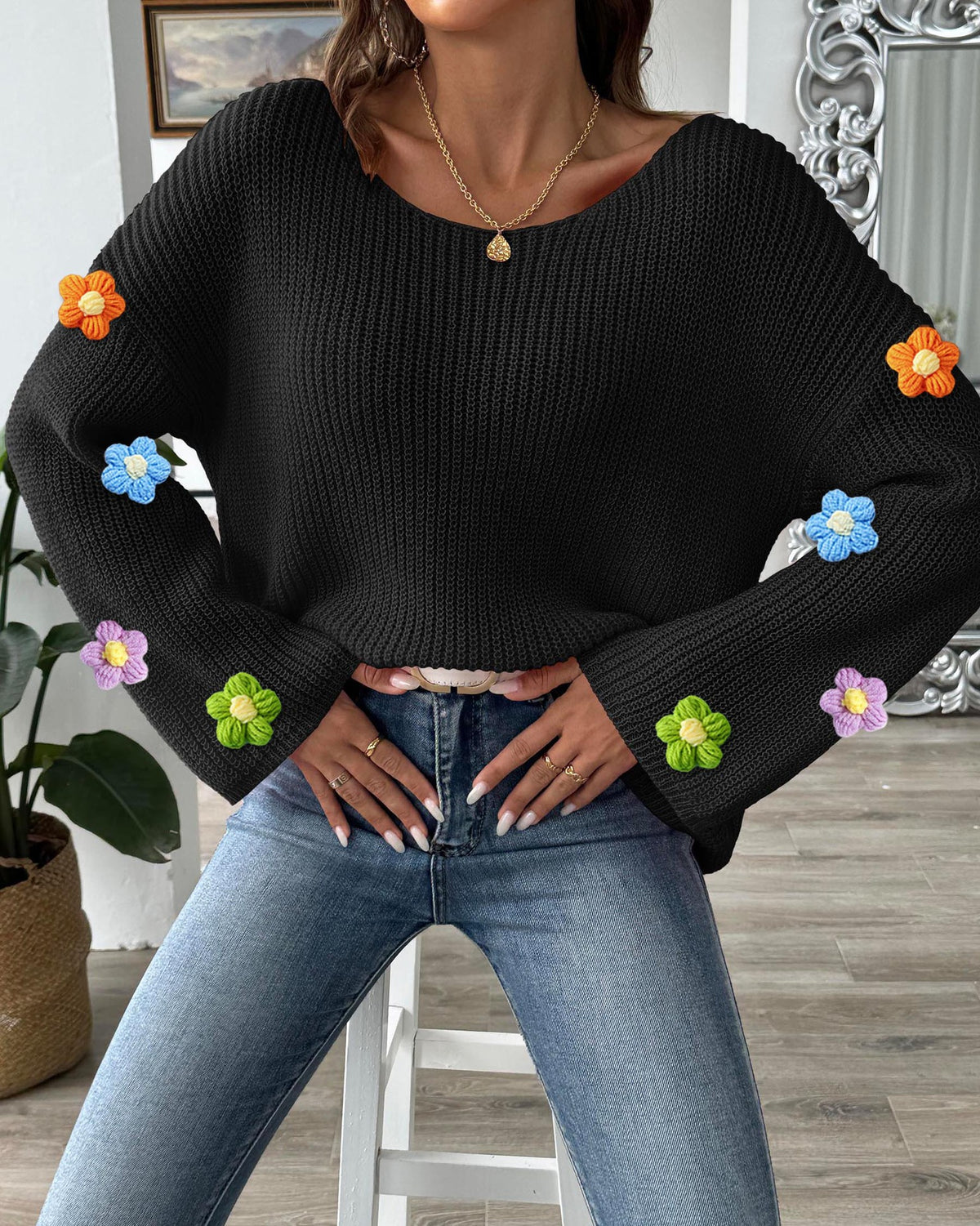 Bobble Blossom Trim Ribbed Knit Jumper - Black - 1