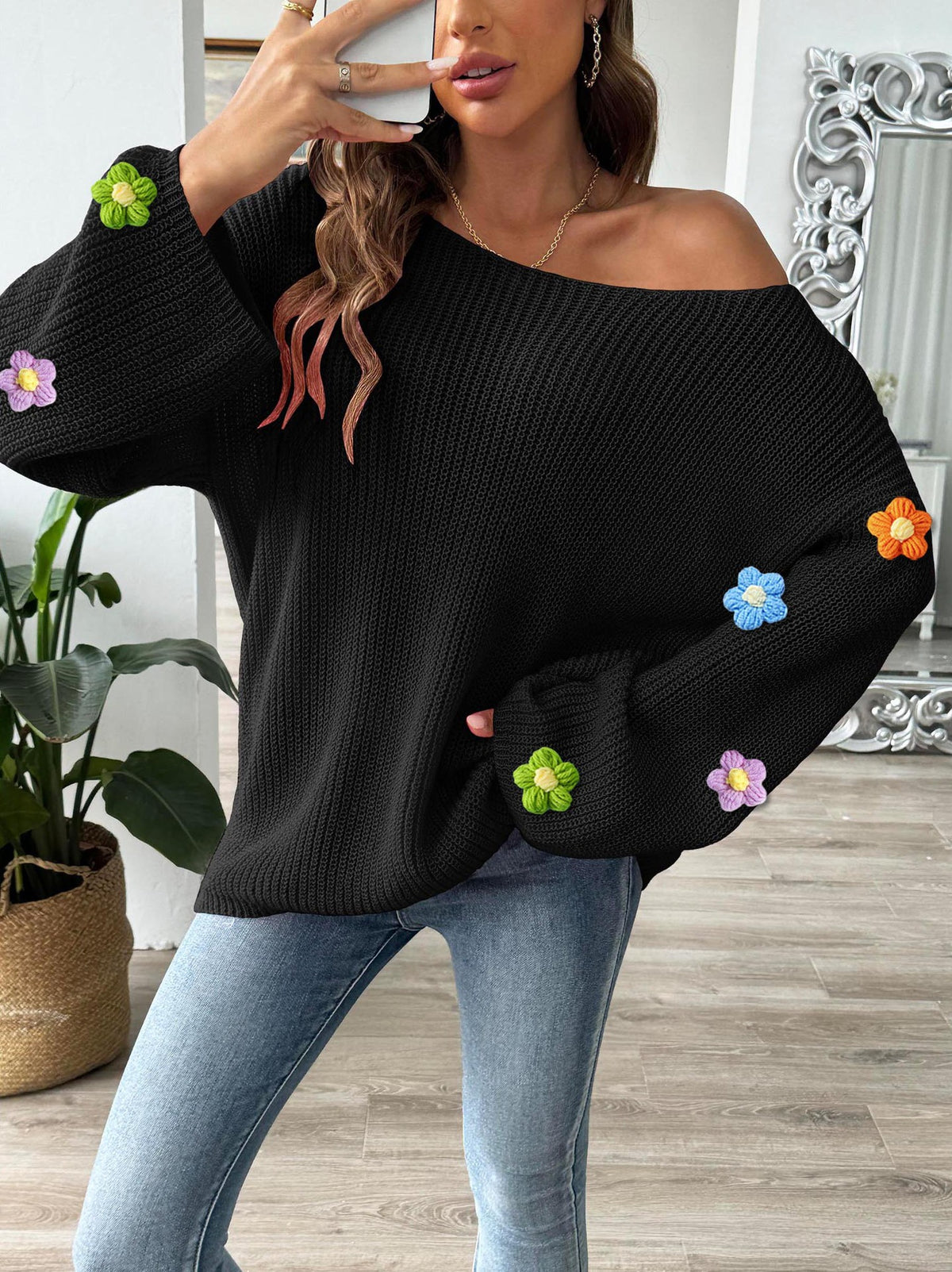 Bobble Blossom Trim Ribbed Knit Jumper - Black - 3