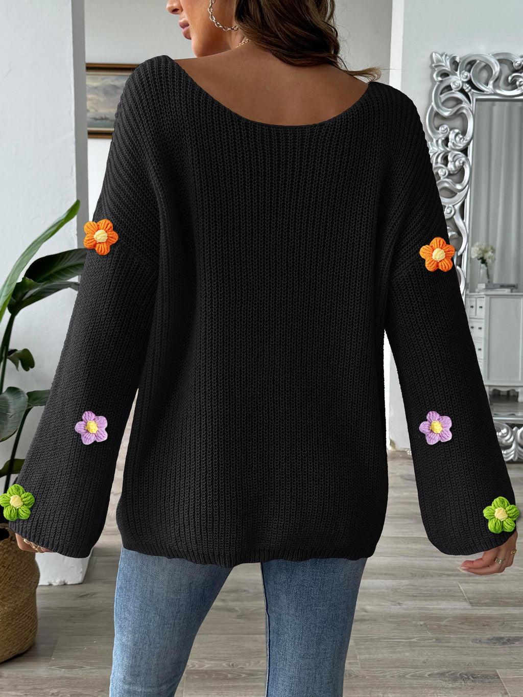 Bobble Blossom Trim Ribbed Knit Jumper - Black - 4