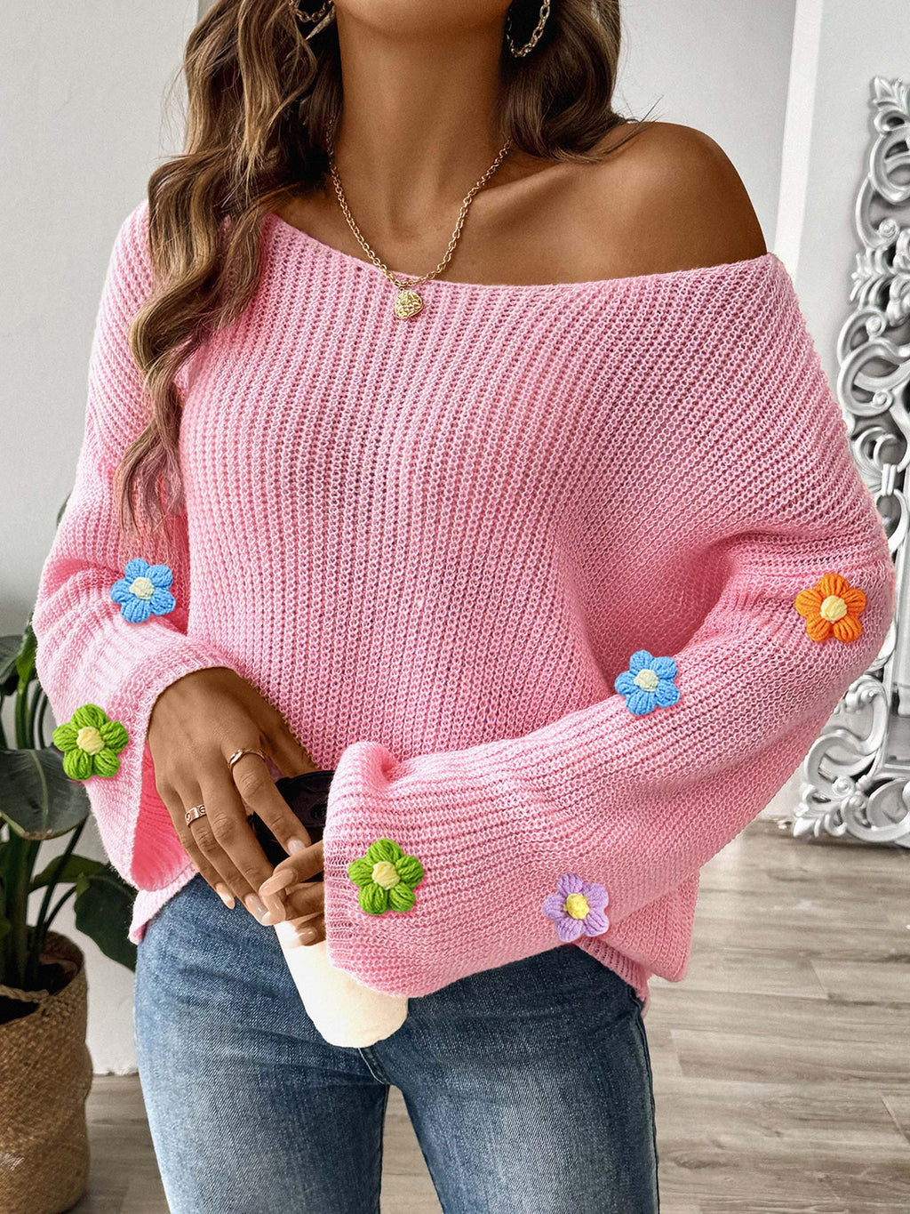 Bobble Blossom Trim Ribbed Knit Jumper - Pink