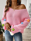 Bobble Blossom Trim Ribbed Knit Jumper - Pink