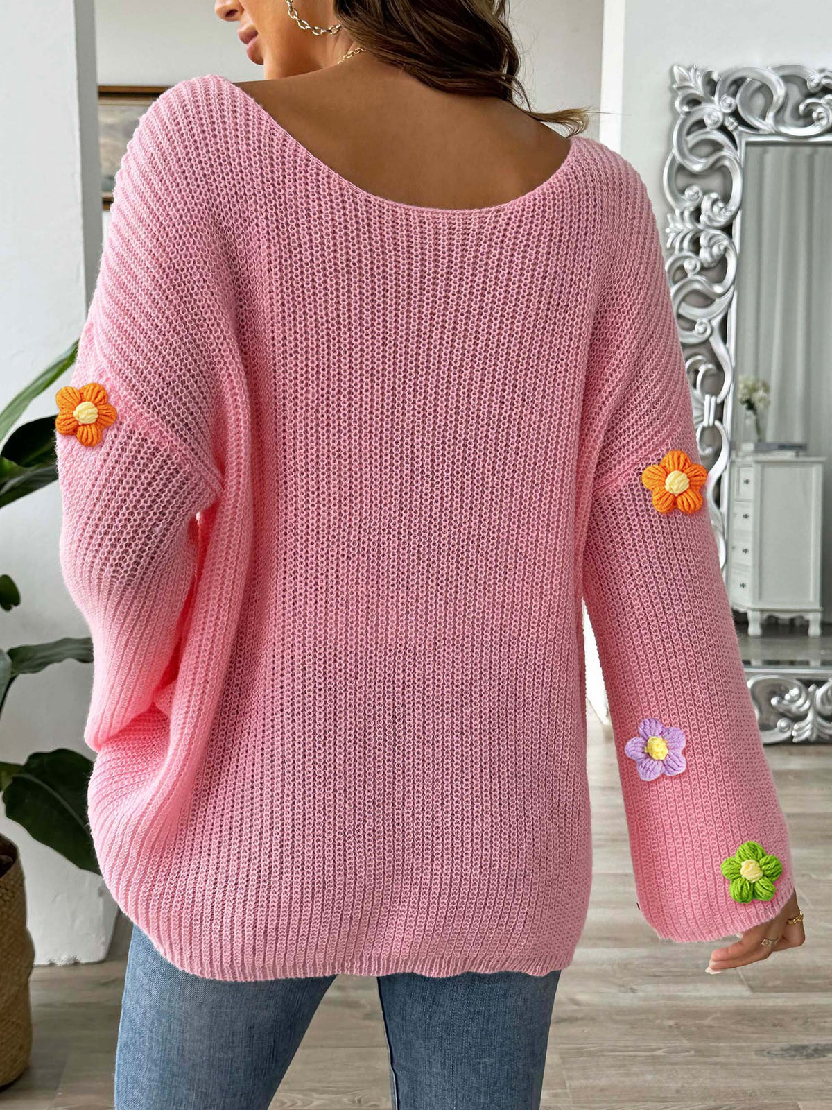 Bobble Blossom Trim Ribbed Knit Jumper - Pink - 1