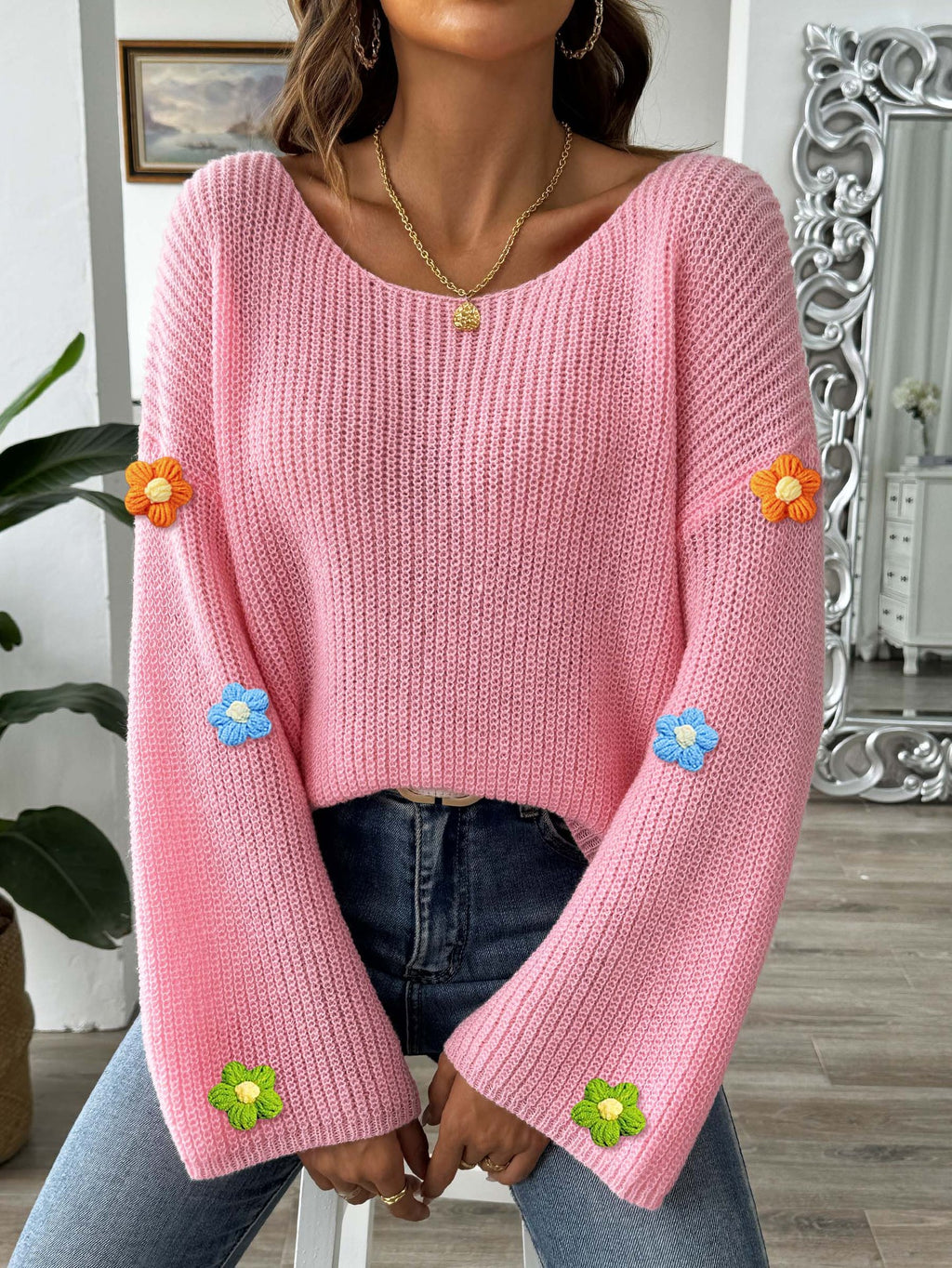 Bobble Blossom Trim Ribbed Knit Jumper - Pink - 2