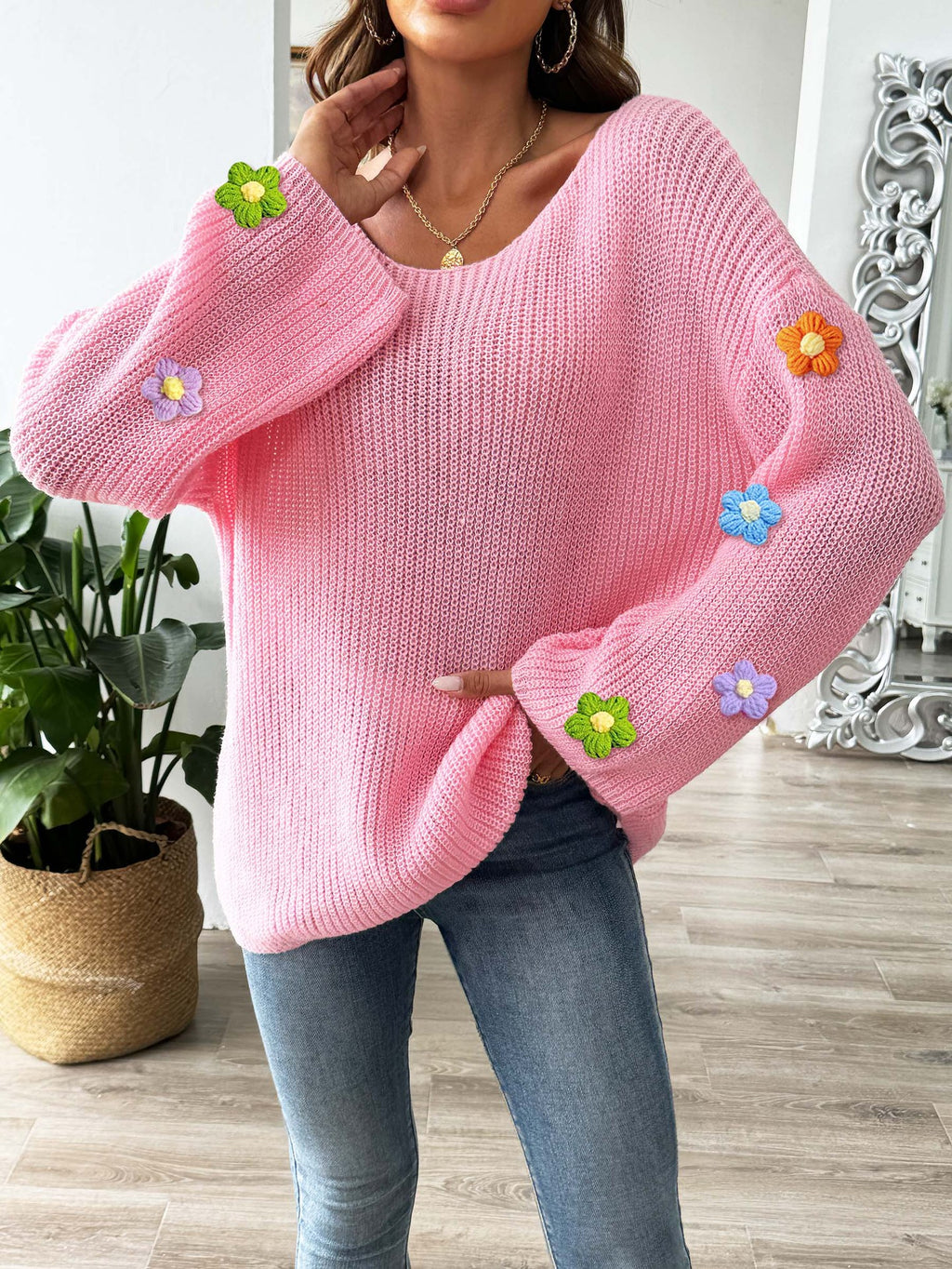 Bobble Blossom Trim Ribbed Knit Jumper - Pink - 3
