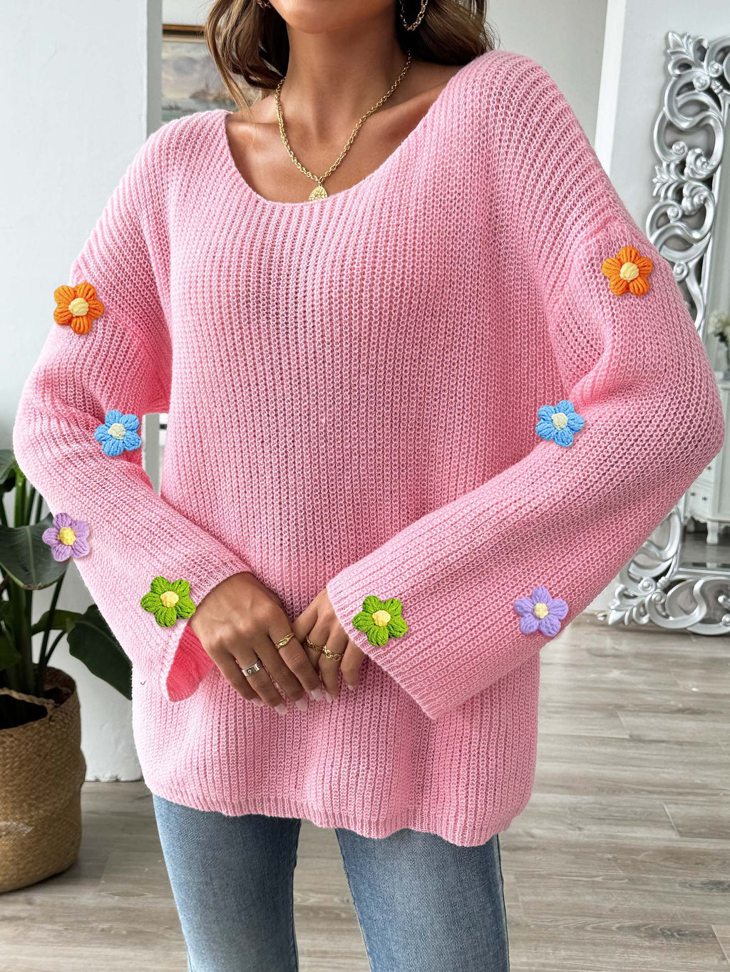 Bobble Blossom Trim Ribbed Knit Jumper - Pink - 4