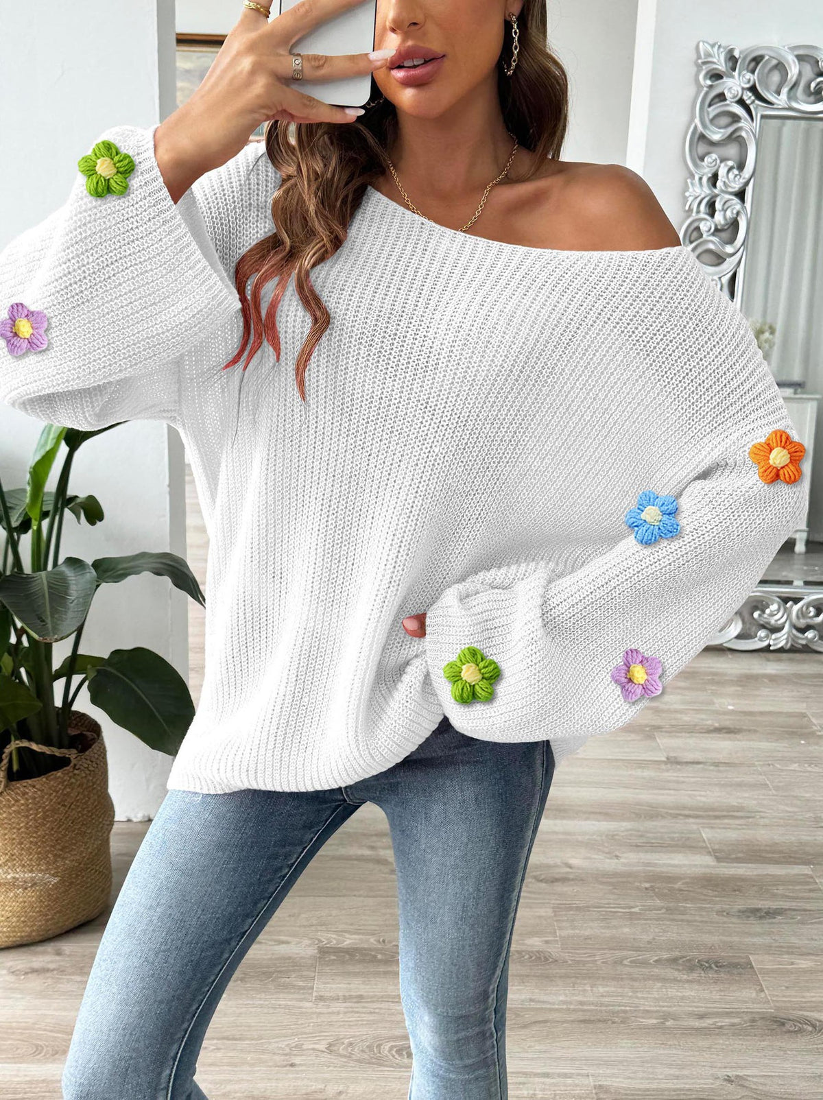 Bobble Blossom Trim Ribbed Knit Jumper - White - 3