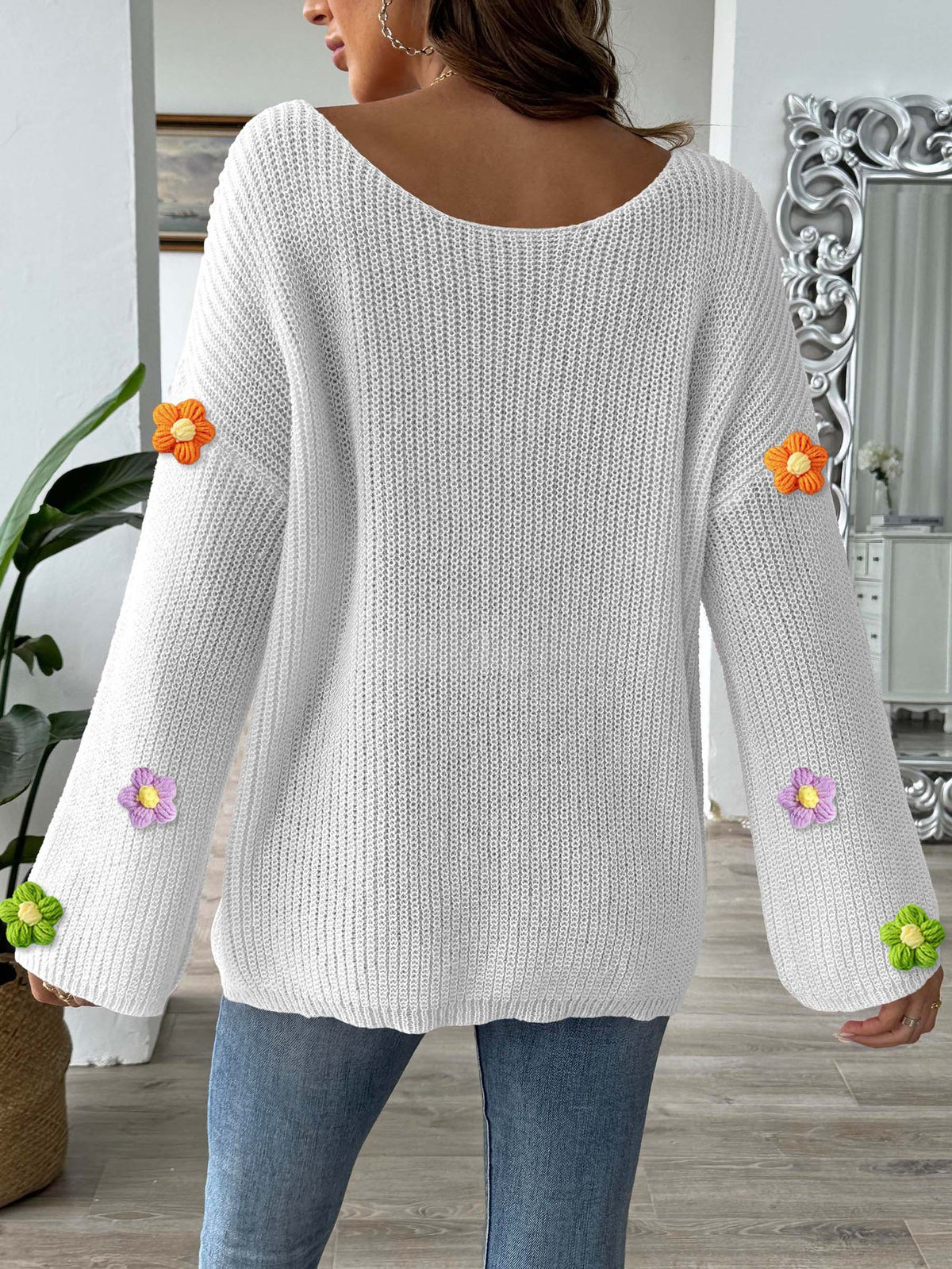 Bobble Blossom Trim Ribbed Knit Jumper - White - 4