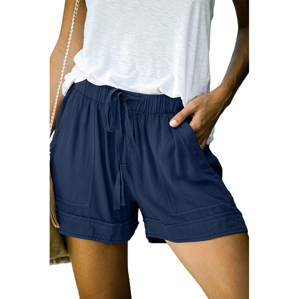 Wide-Leg Tie-Waist Boho Casual Shorts - DarkBlue