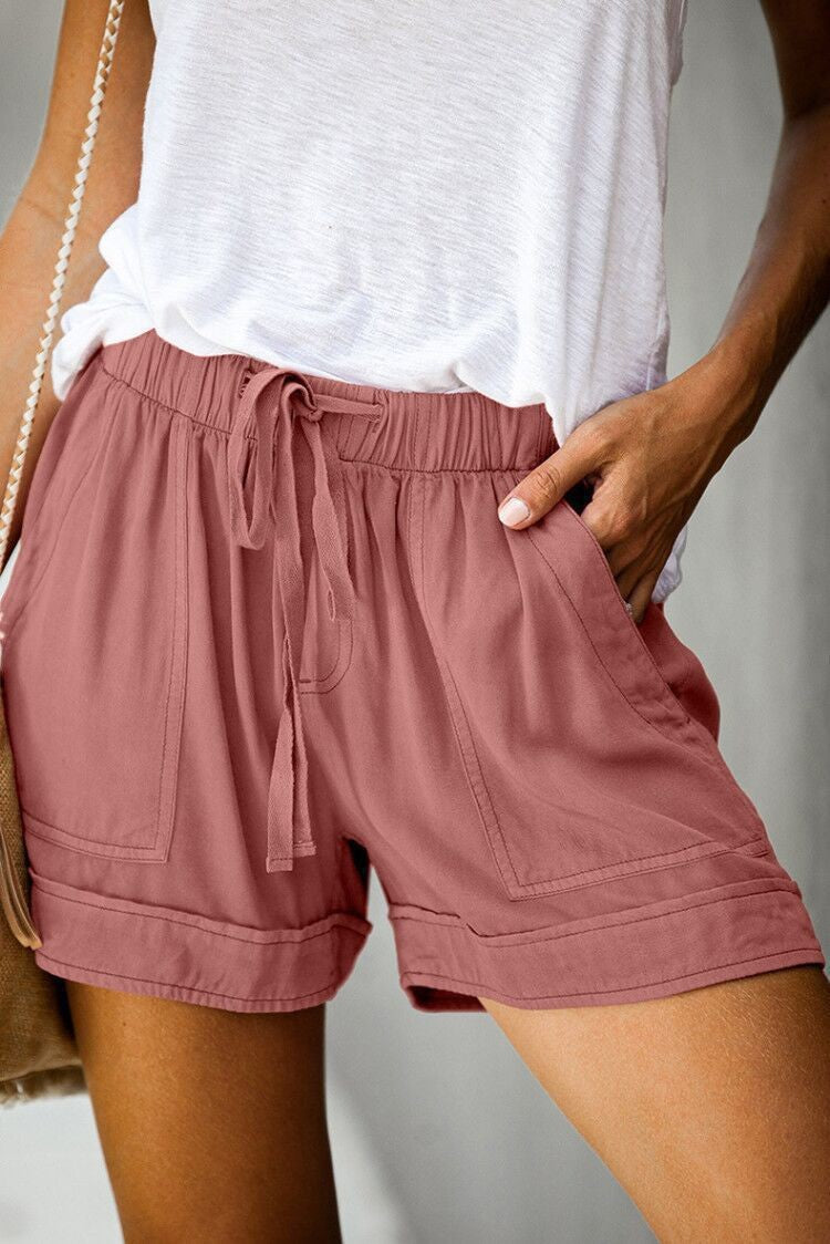 Wide-Leg Tie-Waist Boho Casual Shorts - LightRed