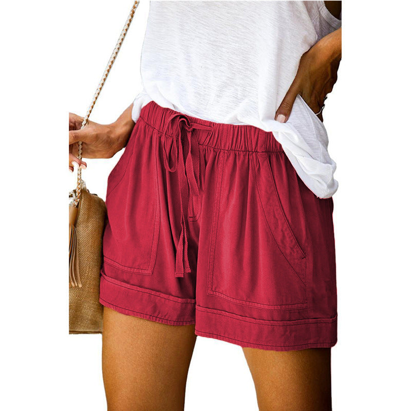 Wide-Leg Tie-Waist Boho Casual Shorts - WineRed