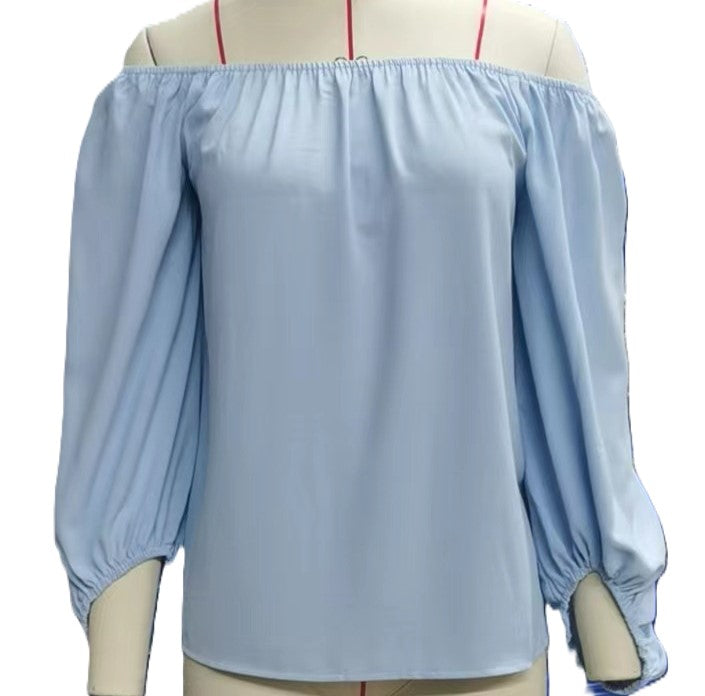 Off Shoulder Balloon Sleeve Chiffon Blouse - Blue