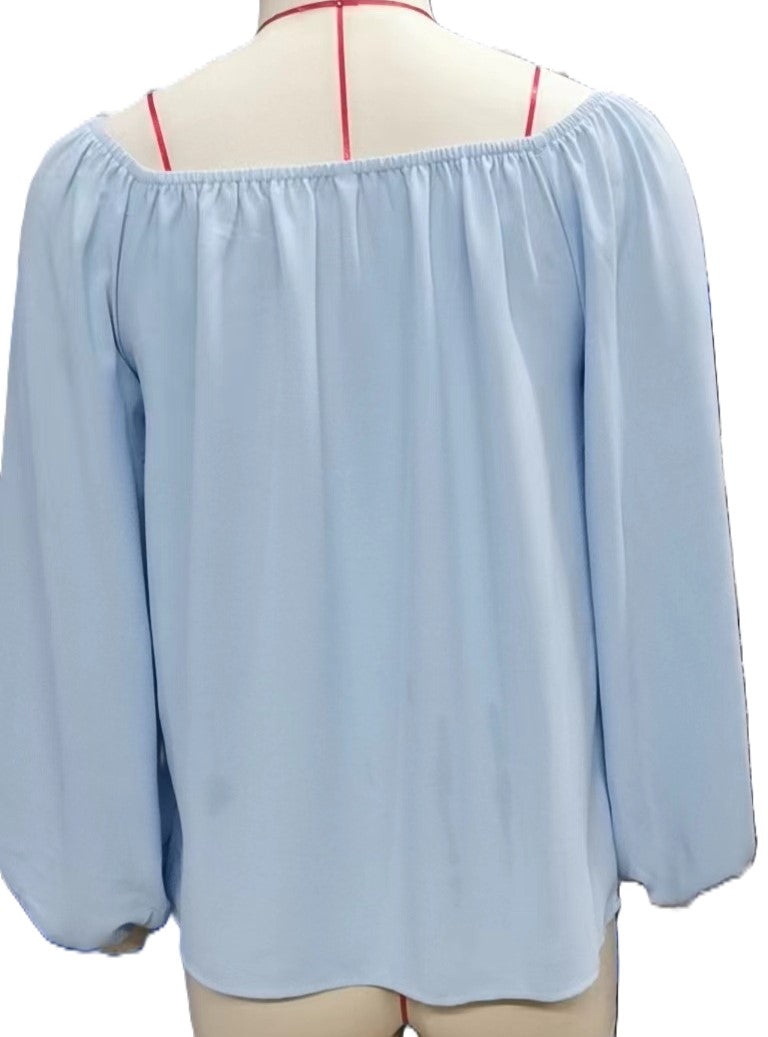 Off Shoulder Balloon Sleeve Chiffon Blouse - Blue - 1
