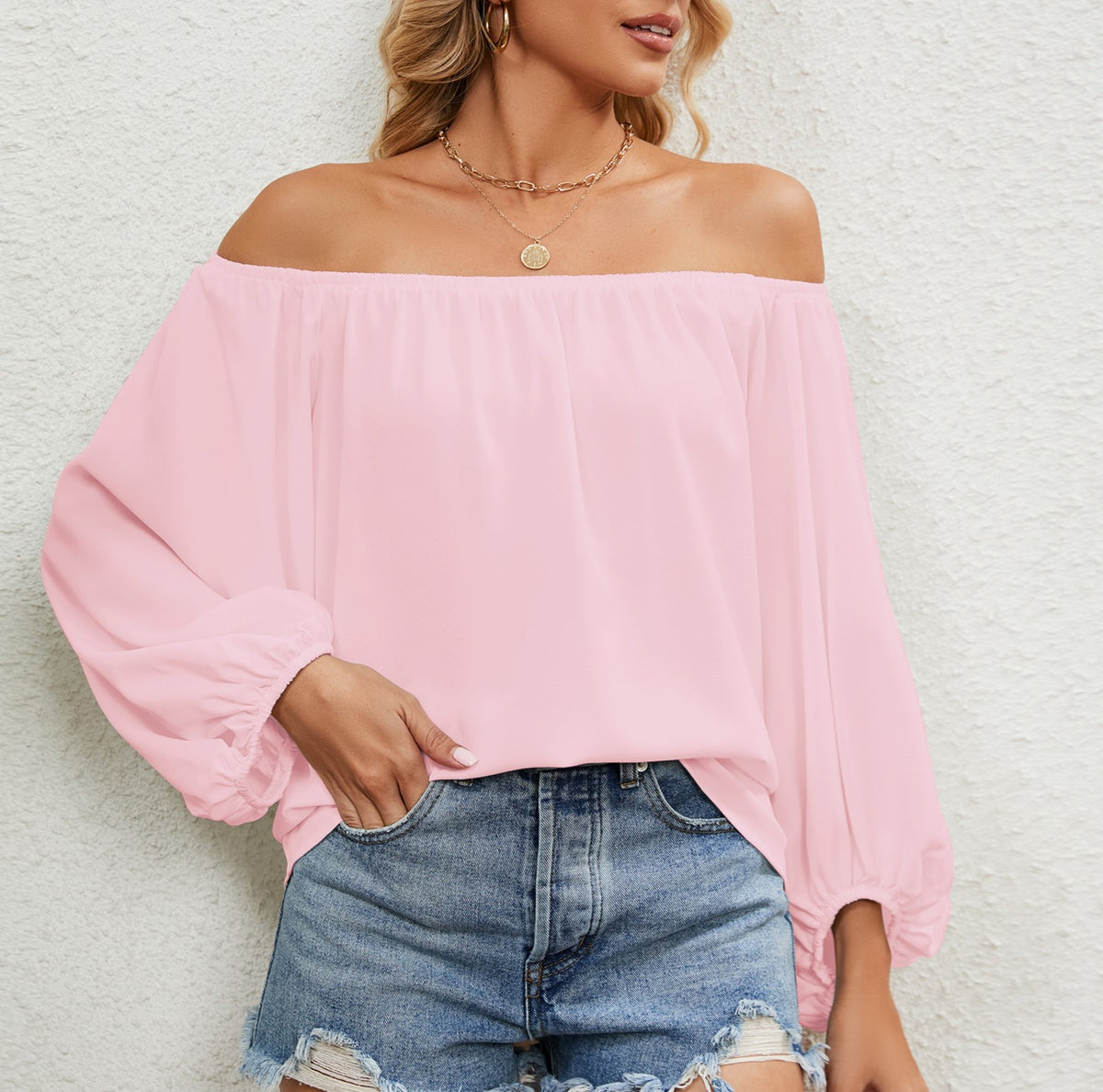 Off Shoulder Balloon Sleeve Chiffon Blouse - Pink