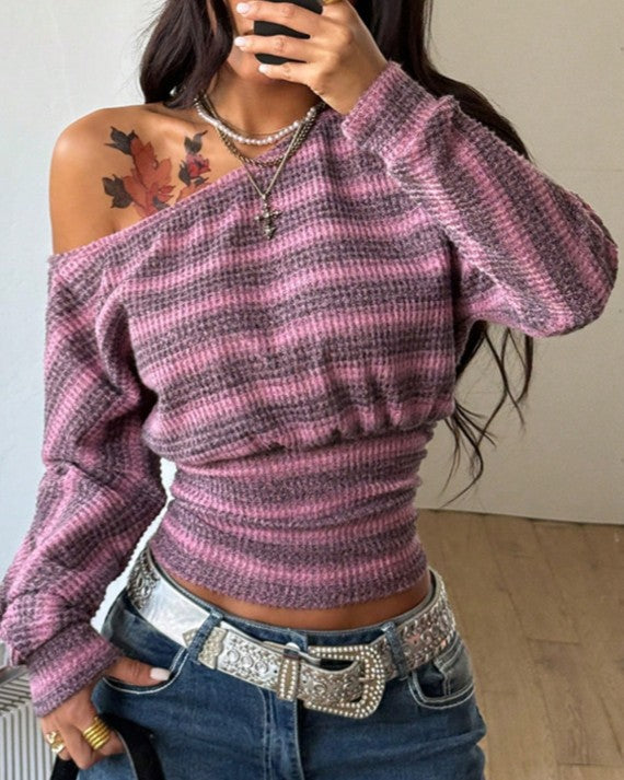 Off Shoulder Striped Ribbed Long Sleeve Tee - Pink
